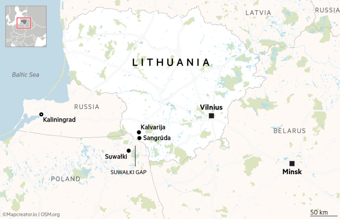 Map showing the Suwałki Gap, southwest of the border between Lithuania and Poland