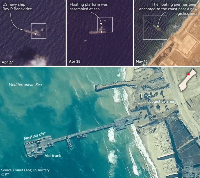 Satellite imagery showing US navy ship Roy P Benavidez on April 27 and 28, when a floating platform was assembled at sea, 10km from the coast. On May 16 the floating pier was anchored to the coast near a new logistics area. Source: Planet Labs, US military