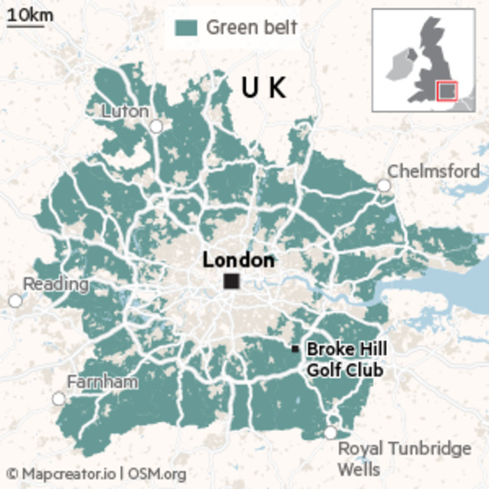 Map showing London green belt area with notable cities or towns for reference