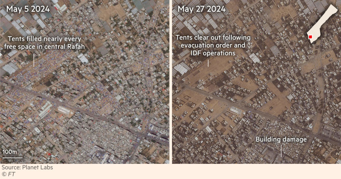 Satellite image showing tents emptying out of central Rafah between May 5 and May 27 2024. Source: Planet Labs