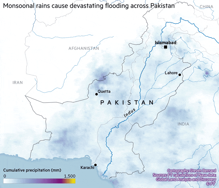 Animated map showing cumulative weekly precipitation from July 1 to August 26 in Pakistan. More than 3.6m million acres have been affected by the rain and subsequent flooding