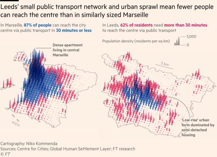 Maps of Leeds and Marseille showing how many people can reach the city centre within 30 minutes via public transport