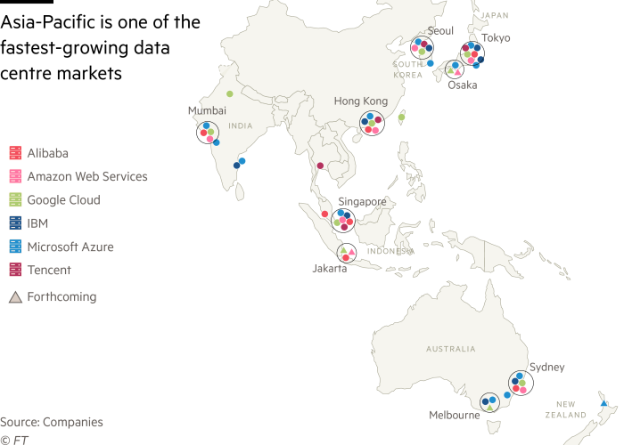 Map showing locations of data centres of Amazon, Google, Alibaba, Tencent and Microsoft. Asia is one of the fastest-growing data centre markets.