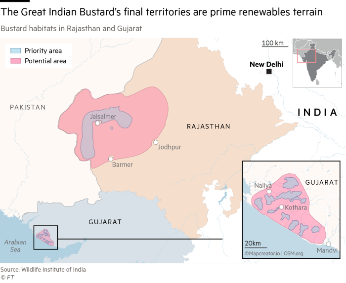 Map of India showing the Great Indian Bustard habitats in the states of Rajasthan and Gujarat