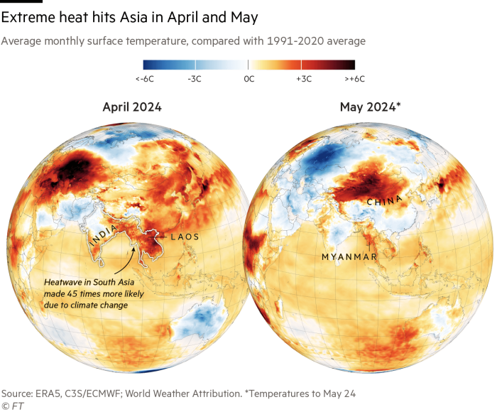 Temperature anomaly map showing average monthly surface temperature for April and May compared with 1991-2020 average. Source: ERA5, C3S/ECMWF