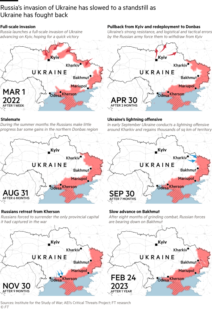 Series of maps showing Russia’s invasion of Ukraine slowed to a standstill as Ukraine fought back 