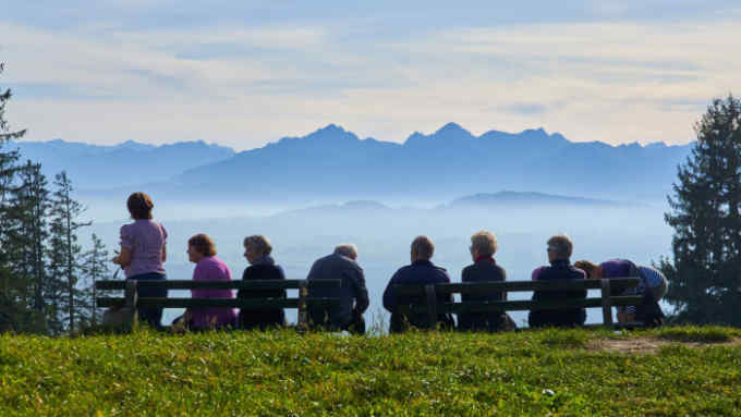 STÃ–TTEN AM AUERBERG, GERMANY - OCTOBER 23: Senior people enjoy the panoramic view on the alps on October 23, 2019 in StÃ¶tten am Auerberg, Germany. (Photo by EyesWideOpen/Getty Images)