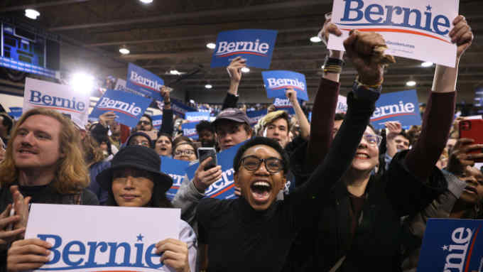 VIRGINIA BEACH, VIRGINIA - FEBRUARY 29: Supporters cheer for Democratic presidential candidate Sen. Bernie Sanders (I-VT) during a campaign rally in the Batten Student Center on the campus of Virginia Wesleyan University February 29, 2020 in Virginia Beach, Virginia. Voters headed to the polls in South Carolina Saturday where Democratic presidential hopefuls, including Sanders, were competing for 54 delegates in the state's primary. (Photo by Chip Somodevilla/Getty Images)