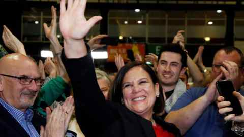 Sinn Fein leader Mary Lou McDonald reacts after the announcement of voting results in a count centre, during Ireland's national election, in Dublin, Ireland, February 9, 2020. REUTERS/Phil Noble