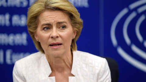 Newly elected European Commission President Ursula von der Leyen speaks as she attends a news conference after a vote on her election at the European Parliament in Strasbourg, eastern France on July 16, 2019. - German defence minister Ursula von der Leyen was narrowly elected president of the European Commission on July 16, after winning over sceptical lawmakers. The 60-year-old conservative was nominated to become the first woman in Brussels' top job last month by the leaders of the bloc's 28 member states, to the annoyance of many MEPs. (Photo by FREDERICK FLORIN / AFP)FREDERICK FLORIN/AFP/Getty Images