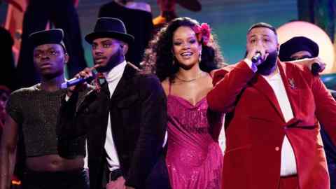 NEW YORK, NY - JANUARY 28:  Recording artists Bryson Tiller, Rihanna and DJ Khaled perform onstage during the 60th Annual GRAMMY Awards at Madison Square Garden on January 28, 2018 in New York City.  (Photo by Kevin Mazur/Getty Images for NARAS)