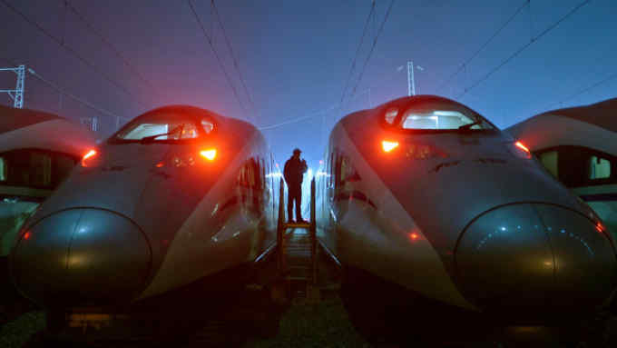 High-speed Harmony bullet trains at a maintenance base in Wuhan, Hubei