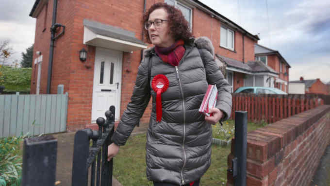 Picture: Lorne Campbell / Guzelian
Feature on the political landscape of Wrexham, Clwyd. Picture shows Labour Party candidate Mary Wimbury  canvassing in Llay, on the outskirts of the town.
WORDS BY TOBIAS BUCK
PICTURE TAKEN ON FRIDAY 15  NOVEMBER 2019