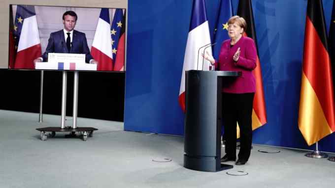 German Chancellor Angela Merkel holds a joint video news conference with French President Emmanuel Macron in Berlin, Germany, May 18, 2020. Kay Nietfeld/Pool via REUTERS