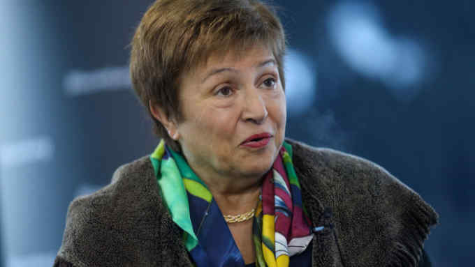 Kristalina Georgieva, managing director of the International Monetary Fund (IMF), speaks during a Bloomberg Television interview on day three of the World Economic Forum (WEF) in Davos, Switzerland, on Thursday, Jan. 23, 2020. World leaders, influential executives, bankers and policy makers attend the 50th annual meeting of the World Economic Forum in Davos from Jan. 21 - 24. Photographer: Simon Dawson/Bloomberg