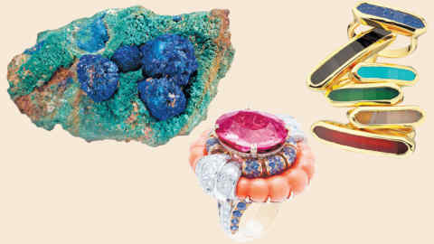 Van Cleef & Arpels’ summer cocktail ring with pink spinel mauve sapphires and coral, azurite on malachite, and a ring stack from Monica Vinader’s new Baja collection