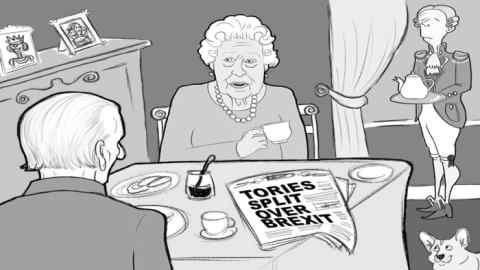 The scene is inside Buckingham Palace. The Queen and Prince Philip are at breakfast table. Newspaper on table with headline:  Tories split over Brexit
Flunkey standing in attendance etc.

Queen is saying:  'Poor Mrs May - she has never really looked happy since the day I told her she is my thirteenth prime minister.'