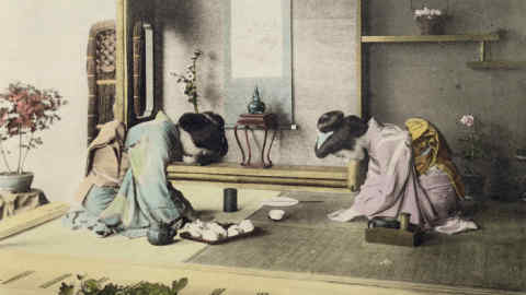 An Afternoon Call’ (c1880), a hand-coloured albumen print on card, conveys the importance of the tea ceremony in Japanese culture
