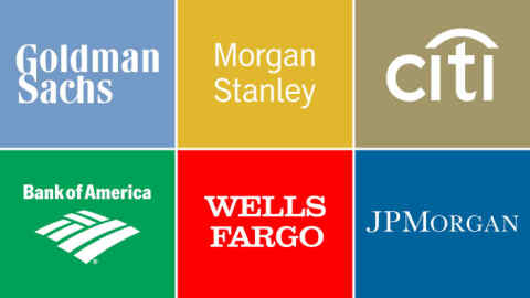Logos of: Goldman Sachs, Morgan Stanley, Citi, Bank of America, Wells Fargo and JPMorgan