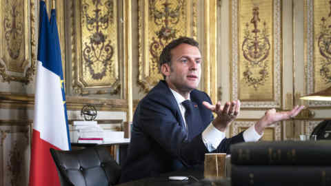 Emmanuel Macron in his office at the Elysée during an interview with the Financial Times newspaper. Photograph by Magali Delporte© 14th of April 2020