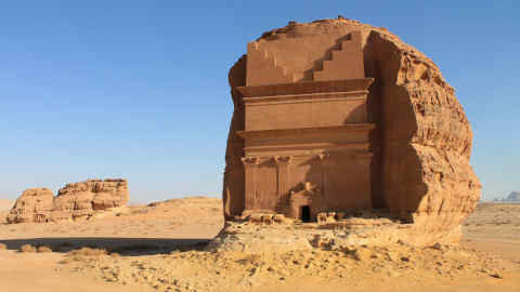 Birgit Mitchell, an American tourist, right, visits Mada'in Saleh, a UNESCO World Heritage Site, with her guide in Mada'in Saleh, Saudi Arabia, on Tuesday, Jan. 31, 2017. Investment in cultural heritage is underway with the government setting aside 5 billion riyals ($1.3 billion) and also encouraging private spending by companies like Jeddah-based Al Jazirah Safari, which is building the Shaden resort, a 100 million-riyal project. Photographer: Vivian Nereim/Bloomberg