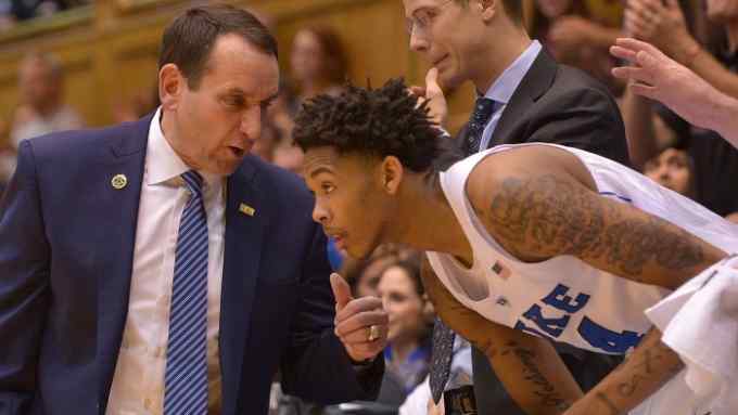DURHAM, NC - OCTOBER 30: Head coach Mike Krzyzewski confers with Brandon Ingram #14 of the Duke Blue Devils during their game against the Florida Southern Mocs at Cameron Indoor Stadium on October 30, 2015 in Durham, North Carolina. Duke won 112-68. (Photo by Grant Halverson/Getty Images)