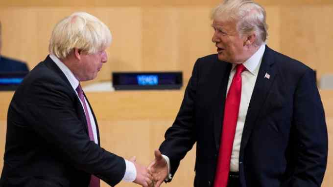 British Foreign Secretary Boris Johnson (L) and US President Donald Trump greet before a meeting on United Nations Reform at UN headquarters in New York on September 18, 2017. / AFP PHOTO / Brendan Smialowski (Photo credit should read BRENDAN SMIALOWSKI/AFP/Getty Images)