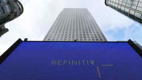 An advertisement for Refinitiv is seen on a screen in London's Canary Wharf financial centre, London, Britain, October 2, 2018. REUTERS/Russell Boyce - RC1204F66B00