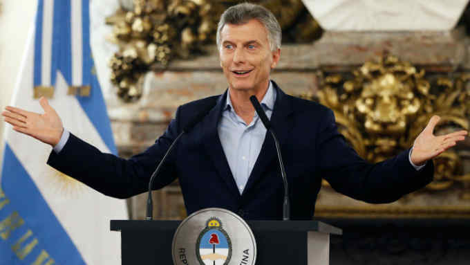 President of Argentina Mauricio Macri gestures during a press conference to announce the opening of biddings for commercial air transport allowing low cost airlines to work in Argentina for the first time at Casa Rosada on March 06, 2017 in Buenos Aires, Argentina.  (Photo by Gabriel Rossi/LatinContent/Getty Images)