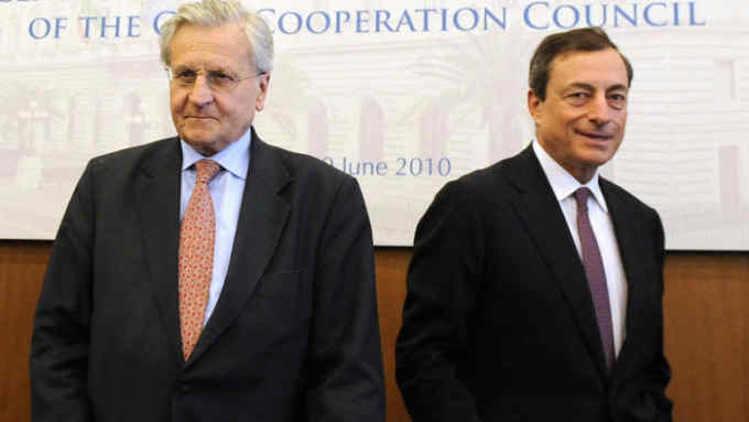 European Central Bank (ECB) President Jean-Claude Trichet (L) and Bank of Italia Governor Mario Draghi arrive for a press conference on June 30, 2010 after a meeting between the ECB and central bankers from the member states of the Gulf Cooperation Council -- Bahrain, Kuwait, Oman, Qatar, Saudi Arabia and the United Arab Emirates -- in Rome. Trichet on June 30 welcomed the low demand for credit by eurozone banks, saying measures to inject liquidity were allowing for a return to normal market conditions. AFP PHOTO / Tiziana Fabi (Photo credit should read TIZIANA FABI/AFP/Getty Images)