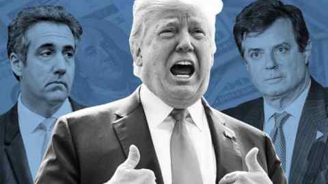 Donald Trump, his lawyer Michael Cohen, left, and his former campaign manager Paul Manafort, right