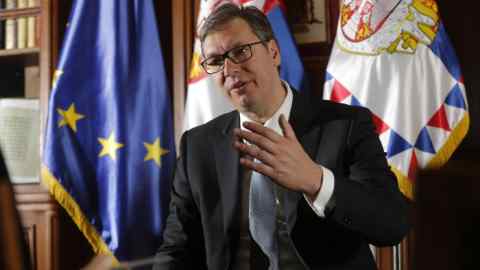 Aleksandar Vucic, Serbia's prime minister, gestures as he speaks during an interview in Belgrade, Serbia, on Wednesday, April 25, 2018. Vucic said a deal with Kosovo, the biggest hurdle to his country joining the European Union, isn’t imminent as both sides remain far apart, forcing him to delay his goal to unveil his proposal within weeks. Photographer: Oliver Bunic/Bloomberg