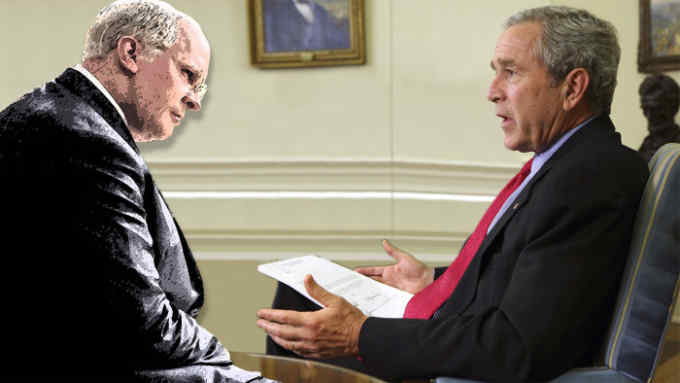 Dick Cheney, as played by Christian Bale in 'Vice', with the real George W Bush in the Oval Office