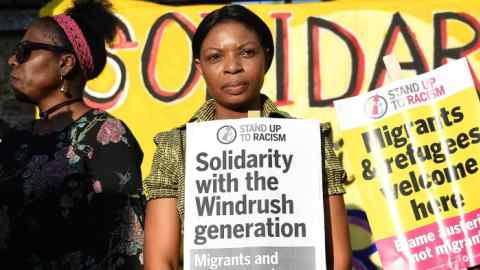 epa06682141 People gather for a Windrush generation solidarity protest in Brixtron, London, Britain, 20 April 2018. As claims emerge that the Home Office destroyed thousands of landing cards documenting the arrival of windrush-era migrants, communities in Brixton gathered in Windrush Square in solidarity with those threatened with deportation, sacking and the removal of healthcare as result of the governments 'hostile environment' strategy. British Home Secretary Amber Rudd ’s apology and promise to devote resources to resolve cases represents a significant climbdown. However growing awareness of the immense suffering already caused means pressure is building for the government to reverse its policy targeting undocumented migrants. EPA/ANDY RAIN