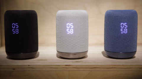 Sony Corp LF-S50G smart speakers with Google Assistant are displayed at the Sony Corp. booth at the 2018 Consumer Electronics Show (CES) in Las Vegas, Nevada, U.S., on Monday, Jan. 8, 2018. Electric and driverless cars will remain a big part of this year's CES, as makers of high-tech cameras, batteries, and AI software vie to climb into automakers' dashboards. Photographer: Patrick T. Fallon/Bloomberg