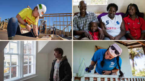 Frop top left: building affordable homes in Arizona; a new home in Kenya; a volunteer painting a house in Cambodia; and tackling homelessness in the UK