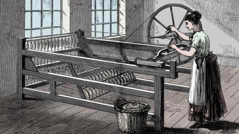 Woman using a Spinning Jenny, c1880. The Spinning Jenny was invented by James Hargreaves (c1720-1778) in 1764. On his original machine, a single wheel controlled eight spindles rather than the single spindle on conventional spinning wheels. Later versions had upwards of eighty spindles. Spinners were suspicious of Hargreaves' invention, believing that it would enable mill owners to employ less workers. (Colorised black and white print). Artist Unknown.. (Photo by The Print Collector/Getty Images)
