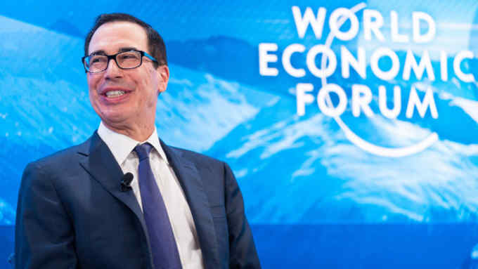HANDOUT - 22 January 2020, Switzerland, Davos: Steven Mnuchin, Secretary of the Treasury of the United States, speaks during the Future of Financial Markets session at the 50th World Economic Forum annual meeting. Photo: Manuel Lopez/World Economic Forum/dpa - ATTENTION: editorial use only and only if the credit mentioned above is referenced in full