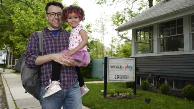 Luke Ward and daughter at the &quot; Work and Play&quot; shared office and pre-school (creche) in South Orange, New Jersey.