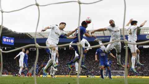 Football Soccer - Leicester City v Swansea City - Barclays Premier League - The King Power Stadium - 24/4/16 Leonardo Ulloa scores the second goal for Leicester City Action Images via Reuters / Jason Cairnduff Livepic EDITORIAL USE ONLY. No use with unauthorized audio, video, data, fixture lists, club/league logos or &quot;live&quot; services. Online in-match use limited to 45 images, no video emulation. No use in betting, games or single club/league/player publications. Please contact your account representative for further details.