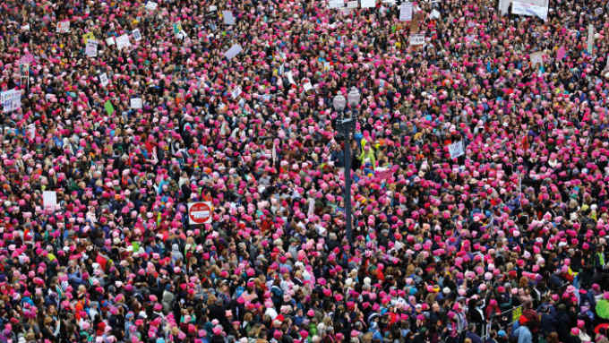 A crowd at the March on Washington wearing 'pussyhats' designed by Jayna Zweiman