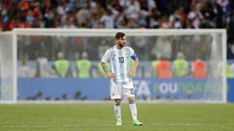 Argentina's Lionel Messi stands on the pitch at the end of the group D match between Argentina and Croatia at the 2018 soccer World Cup in Nizhny Novgorod Stadium in Nizhny Novgorod, Russia, Thursday, June 21, 2018. Croatia defeated Argentina 3-0. (AP Photo/Ricardo Mazalan)