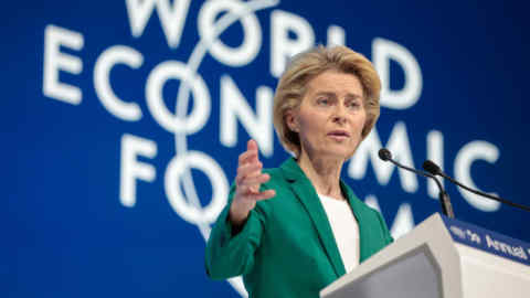 Ursula von der Leyen, president of the European Commission, delivers a speech during a special address on day two of the World Economic Forum (WEF) in Davos, Switzerland, on Wednesday, Jan. 22, 2020. World leaders, influential executives, bankers and policy makers attend the 50th annual meeting of the World Economic Forum in Davos from Jan. 21 - 24. Photographer: Jason Alden/Bloomberg