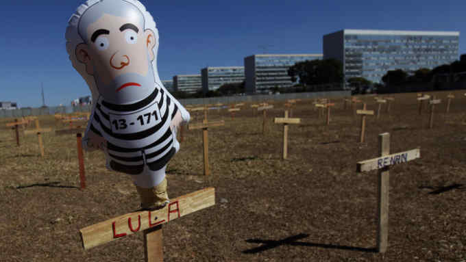 An inflated doll representing Brazil’s former president wearing prison clothes. Luiz Inácio Lula da Silva may run for office unless his conviction for corruption is upheld