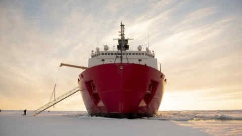 ARCTIC OCEAN – The U.S. Coast Guard Cutter Healy (WAGB-20) is in the ice Wednesday, Oct. 3, 2018, about 715 miles north of Barrow, Alaska, in the Arctic. The Healy is in the Arctic with a team of about 30 scientists and engineers aboard deploying sensors and autonomous submarines to study stratified ocean dynamics and how environmental factors affect the water below the ice surface for the Office of Naval Research. The Healy, which is homeported in Seattle, is one of two ice breakers in U.S. service and is the only military ship dedicated to conducting research in the Arctic. (NyxoLyno Cangemi/U.S. Coast Guard)