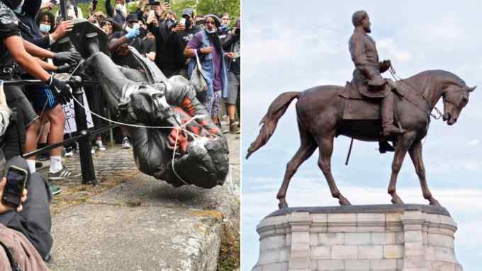 Composite image showing protesters throw statue of Edward Colston into Bristol harbour during a Black Lives Matter protest rally (left) and Robert E. Lee statue on Monument Avenue in Richmond, Virginia