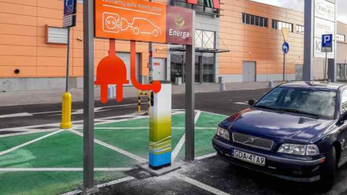 Charging station for electric cars at the Auchan mall parking is seen on 15 March 2017 in Gdansk, Poland. Polish energy company Energa creates a network of chargers for electric cars called Charge &amp; Drive. Currently, the use of the devices is free of charge. Energa uses technology from Finnish company Fortum to run their charging points in the Tricity, and also to the further development of this type of infrastructure in Poland. (Photo by Michal Fludra/NurPhoto via Getty Images)