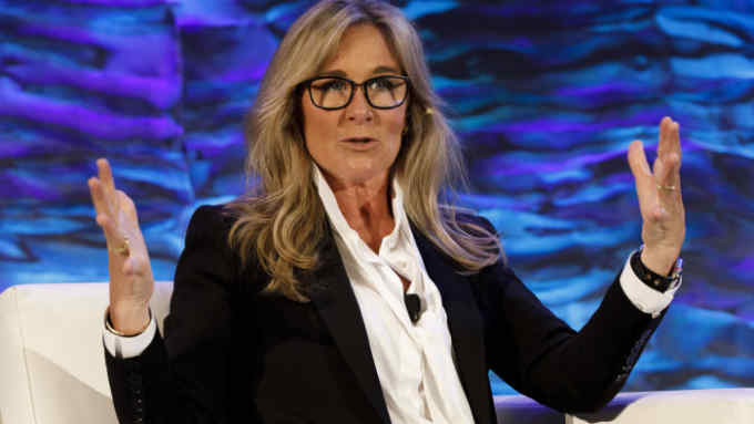 Angela Ahrendts, senior vice president of retail at Apple Inc., speaks during the Digital Entertainment World (DEW) conference in Marina Del Rey, California, U.S., on Monday, Feb. 5, 2018. The DEW expo is an event that gathers executives and media professionals to discuss the creation and monetization of digital content across all platforms. Photographer: Patrick T. Fallon/Bloomberg