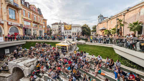 Plovdiv, Bulgaria - August 19, 2016: First drone festival in Plovdiv, Bulgaria. Footage competition - people watching movies captured with a drone and voting for the best one.