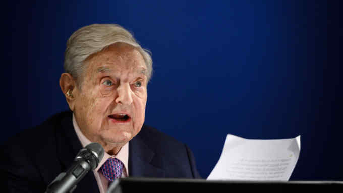 Hungarian-born US investor and philanthropist George Soros delivers a speech on the sideline of the World Economic Forum (WEF) annual meeting, on January 24, 2019 in Davos, eastern Switzerland. - Billionaire investor George Soros said, on January 24, 2019 that Chinese President Xi Jinping was &quot;the most dangerous enemy&quot; of free societies for presiding over a high-tech surveillance regime. (Photo by Fabrice COFFRINI / AFP)FABRICE COFFRINI/AFP/Getty Images